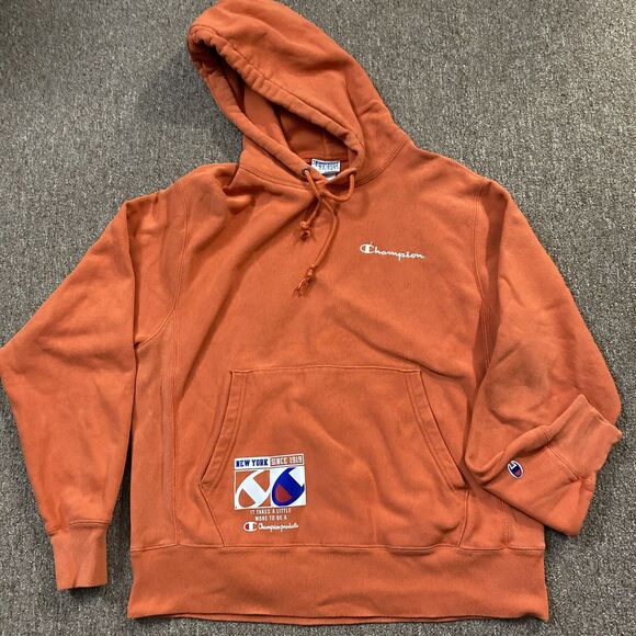 Champion Reverse Weave Men's Hoodie Orange Sweatshirt New York Since 1919 Medium - Picture 1 of 9